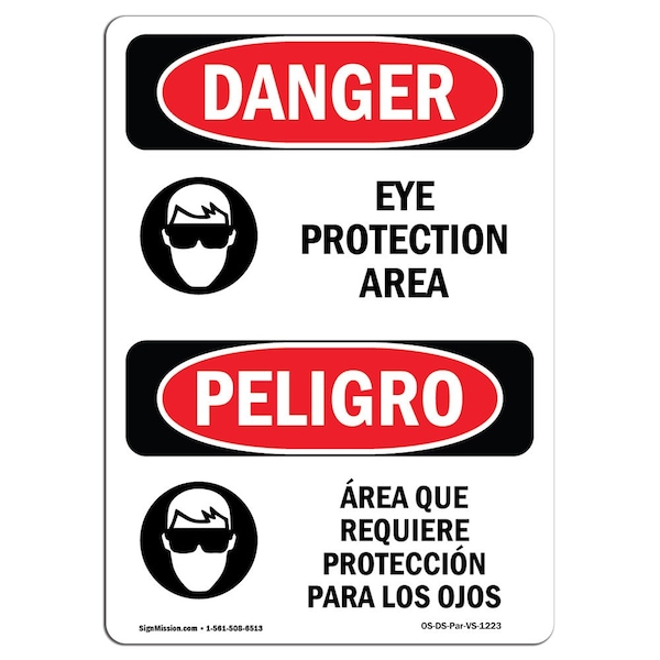 OSHA Sign, Eye Protection Area Bilingual, 24in X 18in Rigid Plastic, 18" W, 24" H, Bilingual Spanish